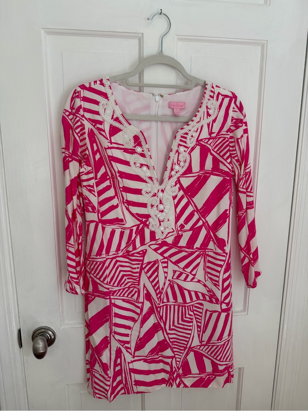 Lilly Pulitzer Hot Pink and White Patterned Midi Dress with Embellished V-Neck